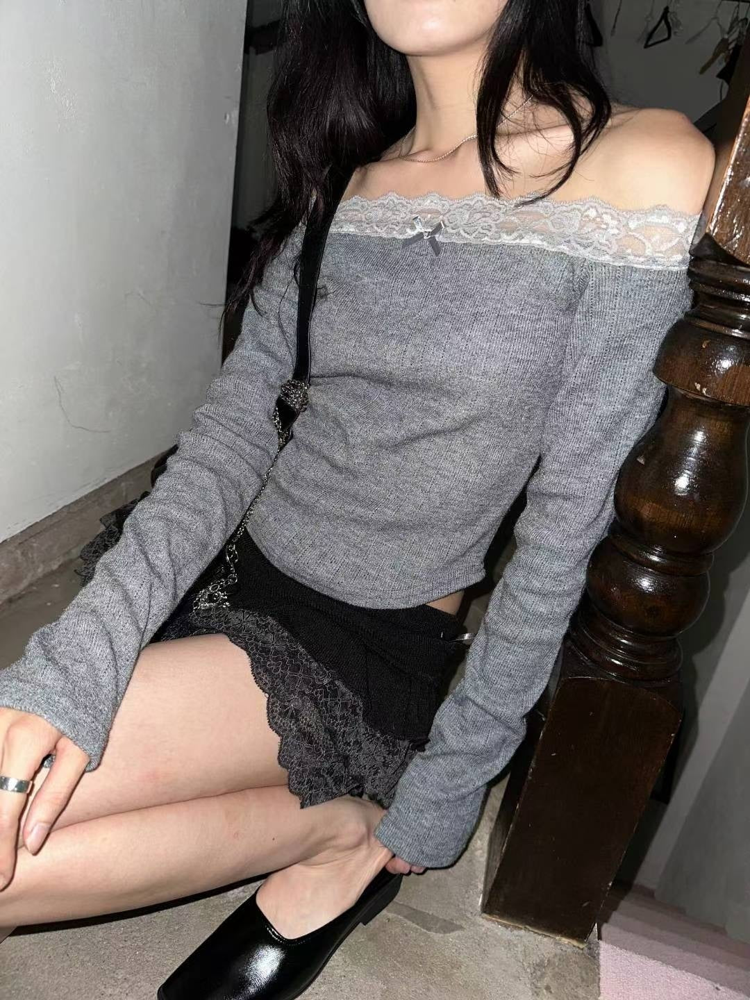 KR RIBBON LACE KNIT OFF SHOULDER TOP (4 COLORS)