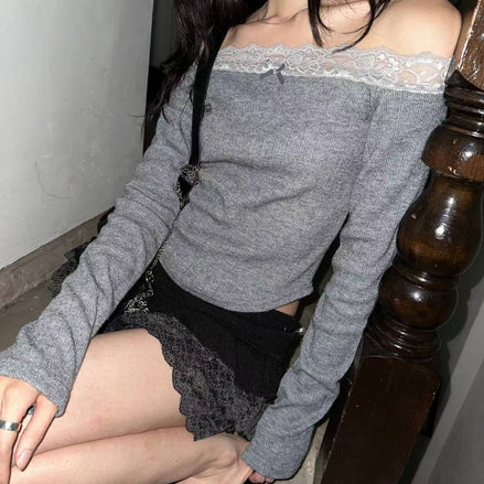 KR RIBBON LACE KNIT OFF SHOULDER TOP (4 COLORS)
