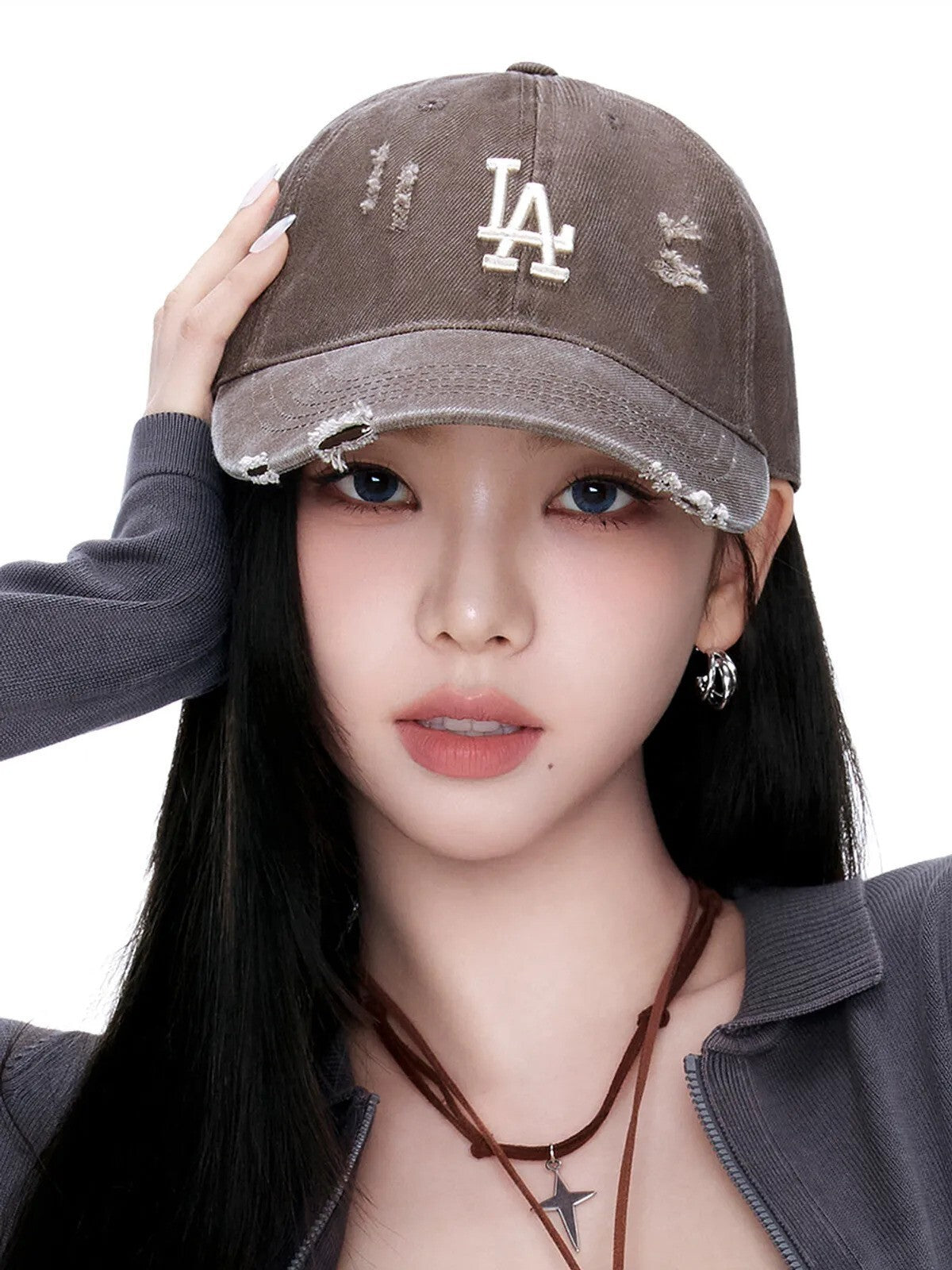 (karina同款) MLB - DAMAGE WASHING UNSTRUCTURED BALL CAP LA (BROWN)