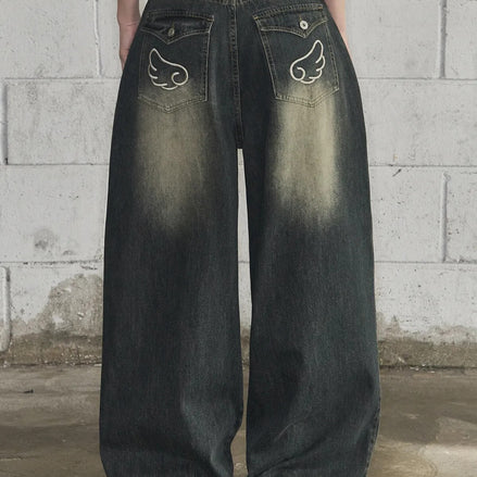 Looxp - Angel Wing Washing Back Pocket Wide Denim (Vintage Dark Blue)