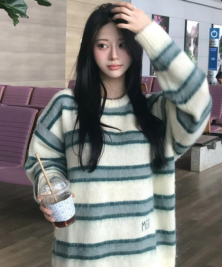 mahagrid - HAIRY STRIPE KNIT SWEATER (IVORY)