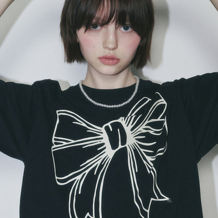 ronron - BIG RIBBON LINE T SHIRT (BLACK CREAM)