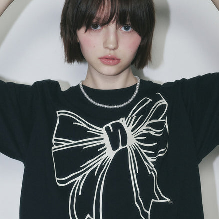 ronron - BIG RIBBON LINE T SHIRT (BLACK CREAM)