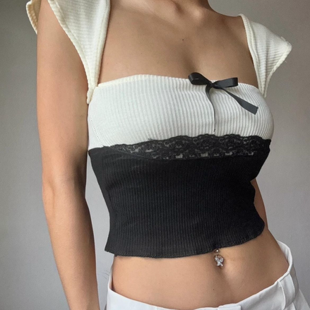 TH RIBBON LACE SQUAREE TOP (BW)