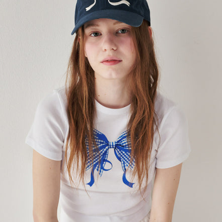 RONRON - GINGHAM DOUBLE RIBBON SLIM CROP T SHIRT (WHITE BLUE)