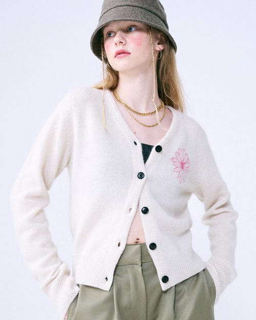 MARDI MERCREDI -  RACCOON BLENDED CARDIGAN V NECK (IVORY PINK)
