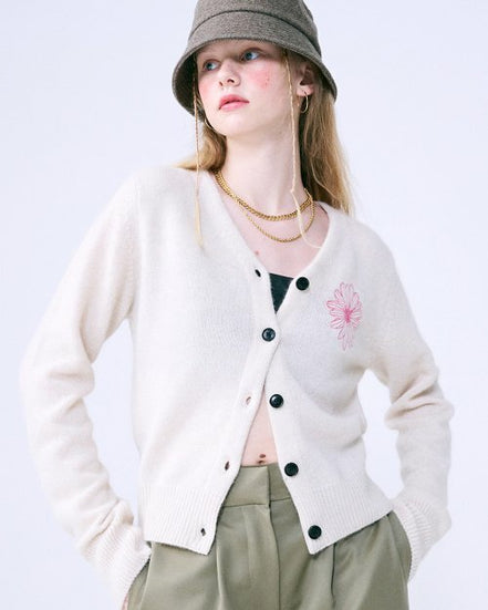 MARDI MERCREDI -  RACCOON BLENDED CARDIGAN V NECK (IVORY PINK)
