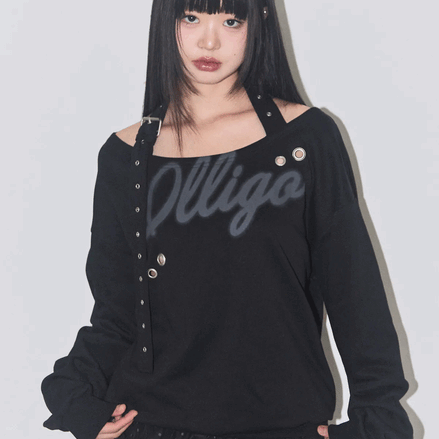 illigo - 129 buckle off shoulder sweatshirt (black)