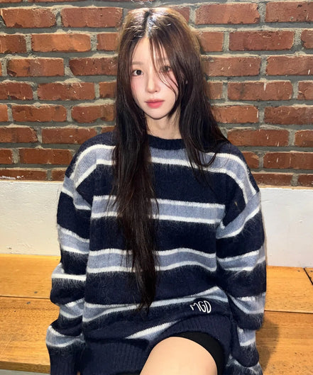 mahagrid - HAIRY STRIPE KNIT SWEATER (NAVY)