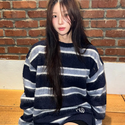 mahagrid - HAIRY STRIPE KNIT SWEATER (NAVY)