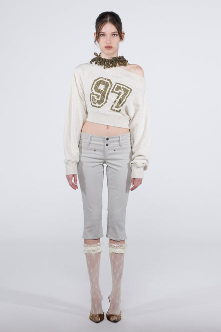 SCULPTOR - Off-Shoulder Cropped Sweatshirt (White Melange)