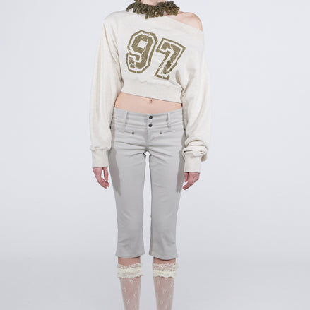 SCULPTOR - Off-Shoulder Cropped Sweatshirt (White Melange)