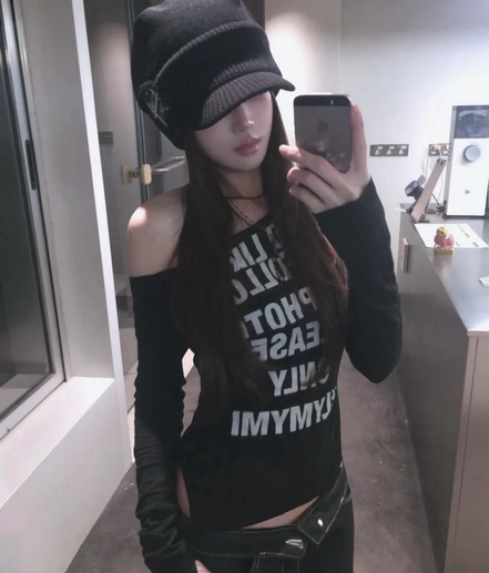pleasenofollow - kacy lettering long off shoulder top (black)