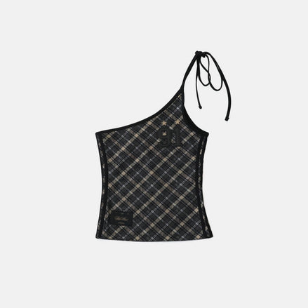 bad blood - Vintage Club One Shoulder Tank (Check Black)