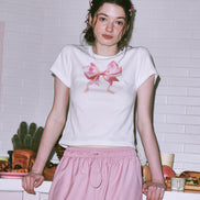 [JENNIE同款] ronron -DOUBLE RIBBON SLIM CROP T SHIRT WHITE PINK