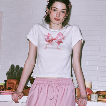 [JENNIE同款] ronron -DOUBLE RIBBON SLIM CROP T SHIRT WHITE PINK