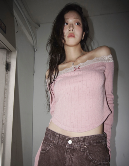 (現貨) KR RIBBON LACE KNIT OFF SHOULDER TOP (4 COLORS)