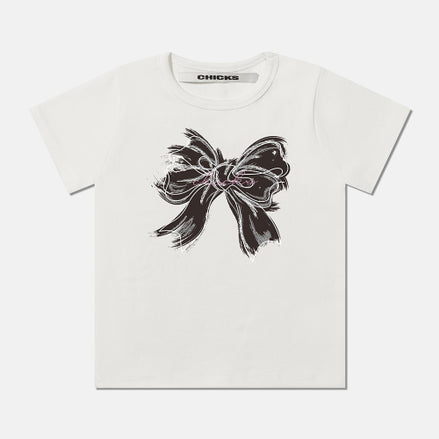 CHICKS - CROP BLACK RIBBON TSHIRT (WHITE)