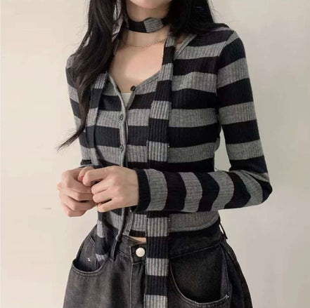 KR STRIPE CARDIGAN MUFFLER SET (3 COLORS)