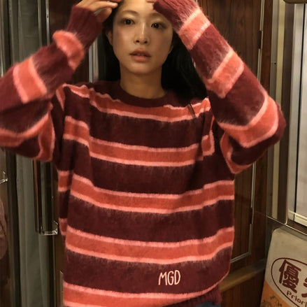 mahagrid - HAIRY STRIPE KNIT SWEATER (BURGUNDY)