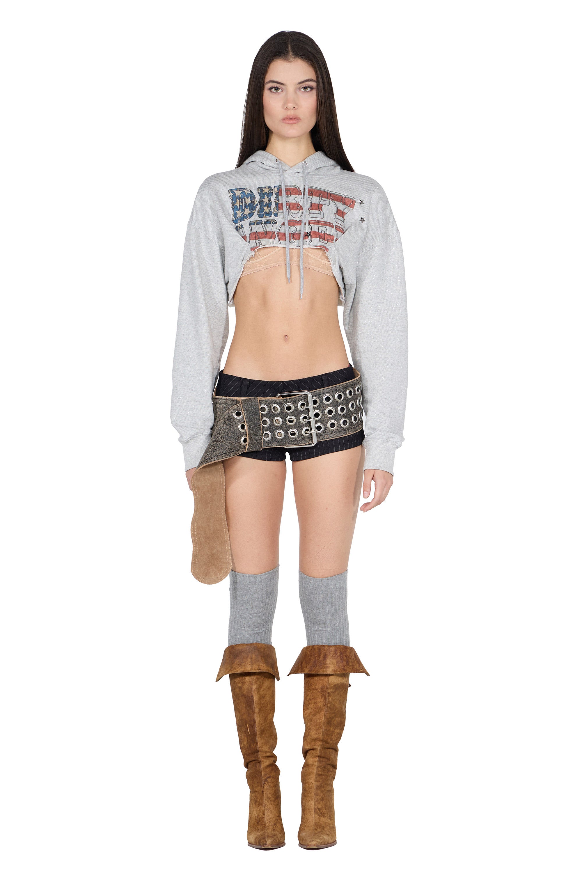 SCULPTOR - Glitter Flag Crop Hoodie (Melange Gray)