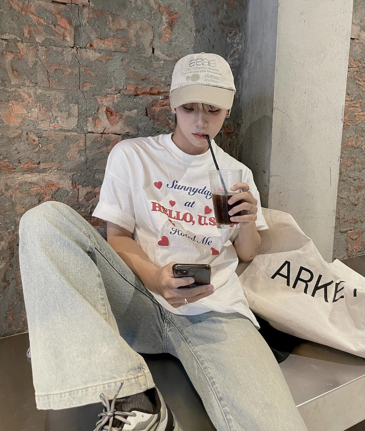 AEAE  WEB LOGO 5 PANNEL BALL CAP - [KHAKI]