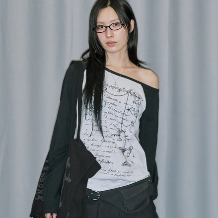 odd studio - cross ornament off shoulder raglan long sleeve (white)