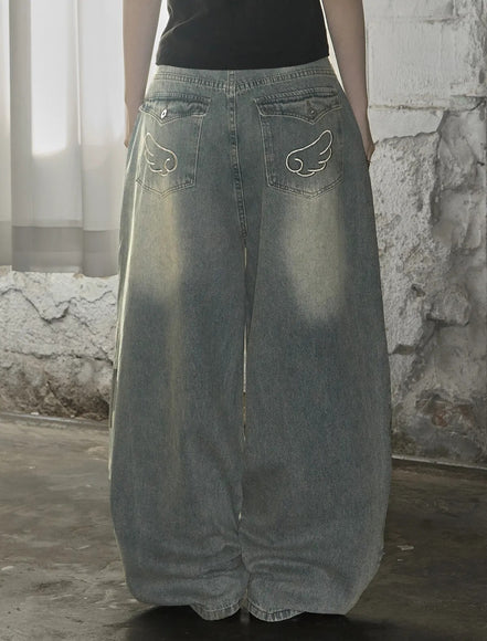 Looxp - Angel Wing Washing Back Pocket Wide Denim (Light Blue)