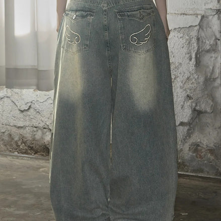Looxp - Angel Wing Washing Back Pocket Wide Denim (Light Blue)