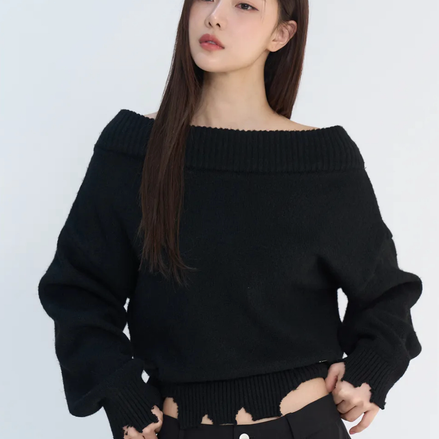 rockcake - Off Shoulder Damaged Knit (Black)