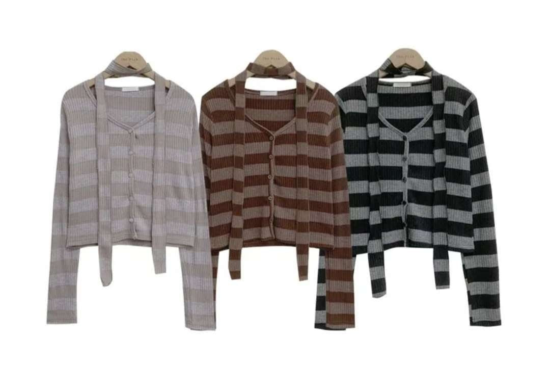 KR STRIPE CARDIGAN MUFFLER SET (3 COLORS)