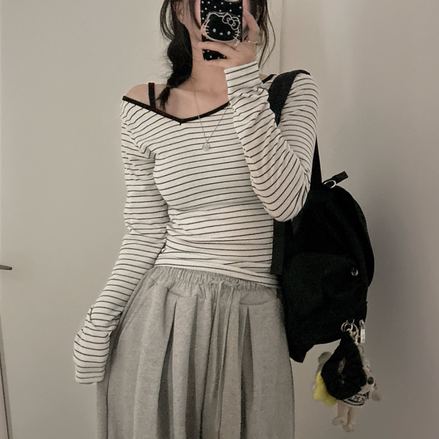 KR STRIPED ONE OFF SHOULDER TOP (4 COLORS)