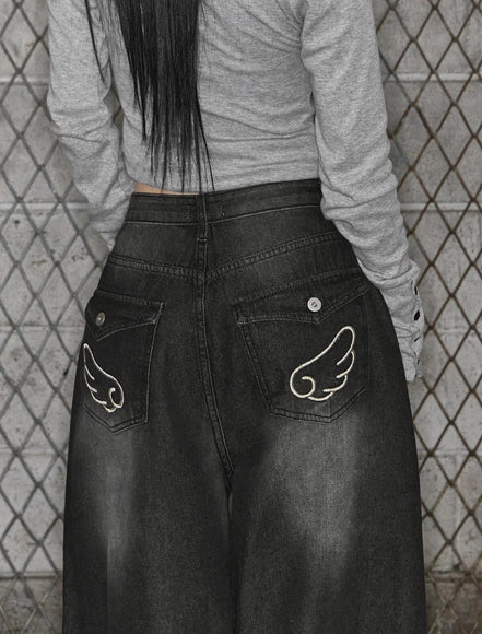 Looxp - Angel Wing Washing Back Pocket Wide Denim (Black Blue)