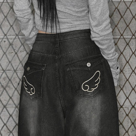 Looxp - Angel Wing Washing Back Pocket Wide Denim (Black Blue)