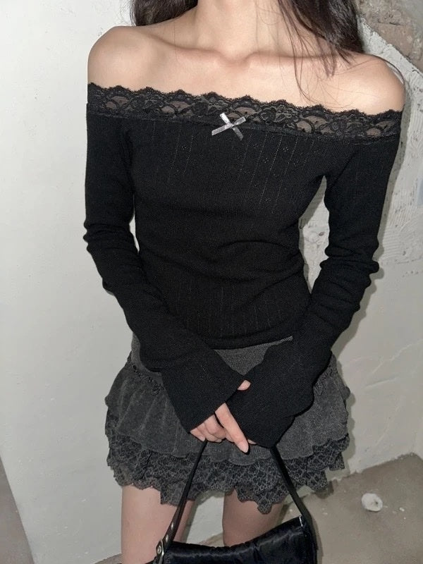 KR RIBBON LACE KNIT OFF SHOULDER TOP (4 COLORS)