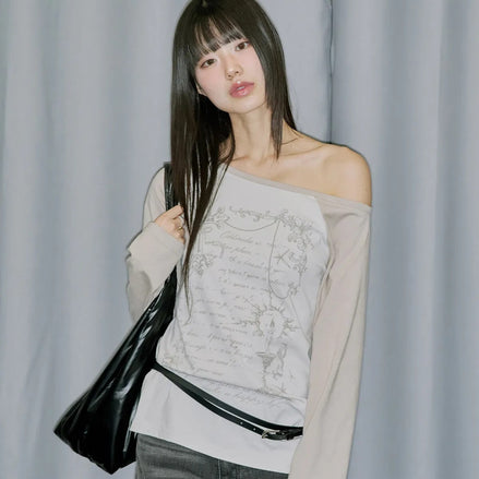 odd studio - cross ornament off shoulder raglan long sleeve (gray beige)