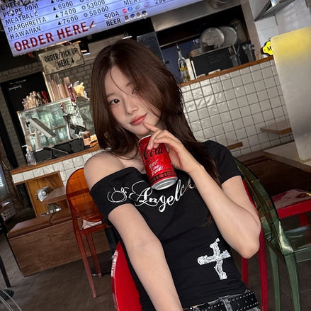 illio - Angel one shoulder t-shirts (BLACK)