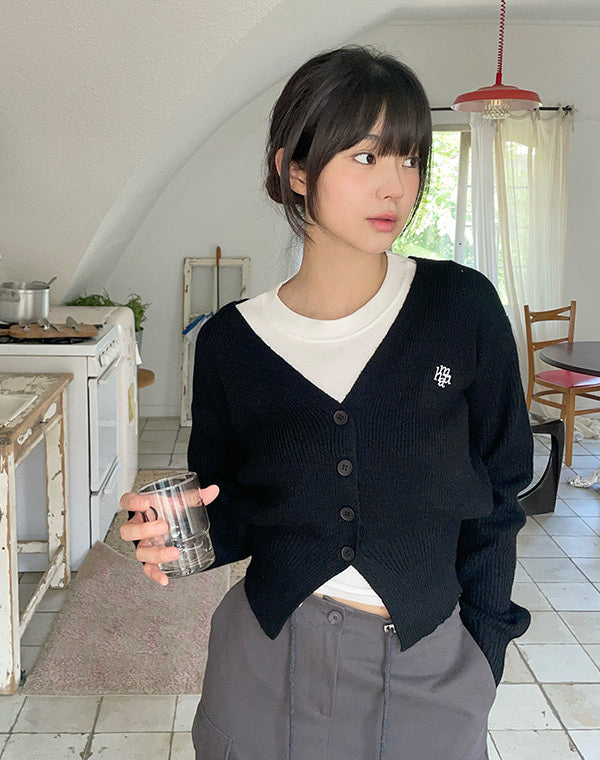 muahmuah - STITCH WOOL KNIT CROP CARDIGAN (BLACK)