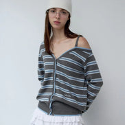 (WONYOUNG同款) ONE OFF SHOULDER STRIPE WOOL BLENDED CARDIGAN (GRAY)