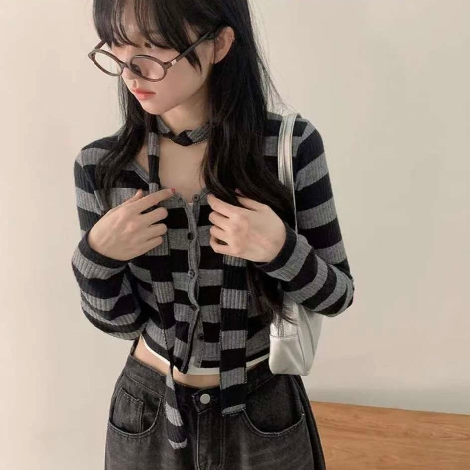 KR STRIPE CARDIGAN MUFFLER SET (3 COLORS)