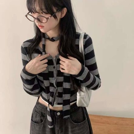 KR STRIPE CARDIGAN MUFFLER SET (3 COLORS)