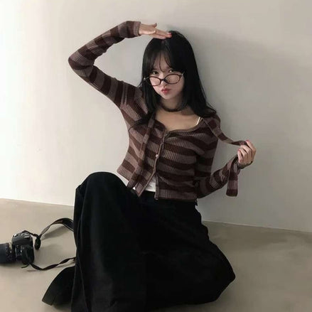 KR STRIPE CARDIGAN MUFFLER SET (3 COLORS)