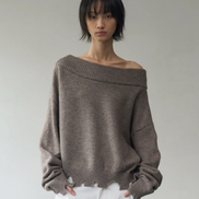 rockcake - Off Shoulder Damaged Knit (Brown)