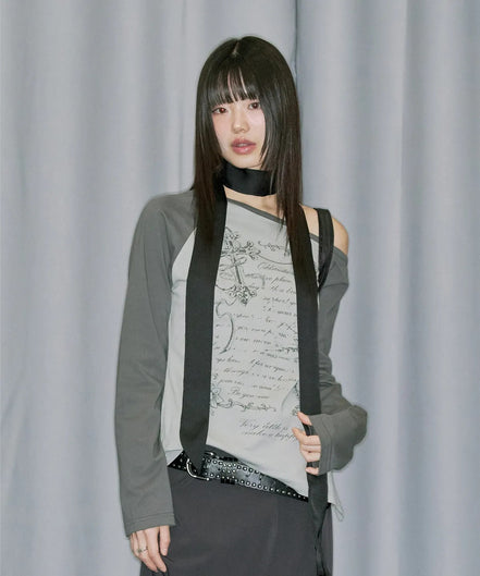odd studio - cross ornament off shoulder raglan long sleeve (ash gray)