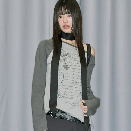 odd studio - cross ornament off shoulder raglan long sleeve (ash gray)