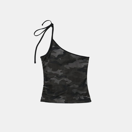 bad blood - Vintage Club One Shoulder Tank (Black Camo)