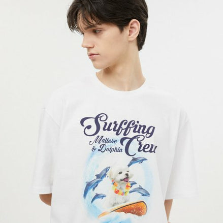 WAIKEI - Puppydolphin surfing crew half sleeve tshirts WHITE