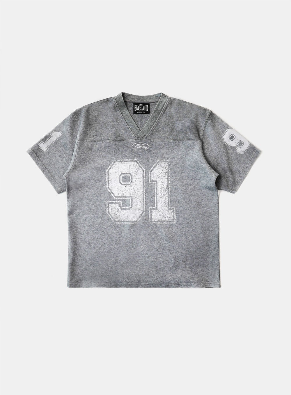 Bad Blood - 91 Crack Print V-Neck T-Shirt (Grey)