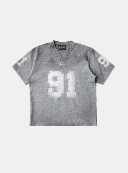 Bad Blood - 91 Crack Print V-Neck T-Shirt (Grey)