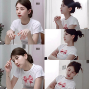 [JENNIE同款] ronron -DOUBLE RIBBON SLIM CROP T SHIRT WHITE PINK